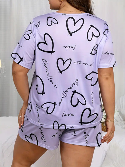 Plus Size Women's Valentine's Day Casual Pajama Set with Heart & Letter Print, Short Sleeve Round Neck Top & Shorts Sleepwear Two-Piece Set