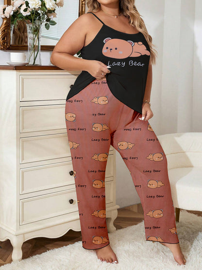 Plus Size Women's Adorable Pajama Set with Cartoon Bear Print, Round Neck Cami Top & Pants Lounge 2 Piece Set