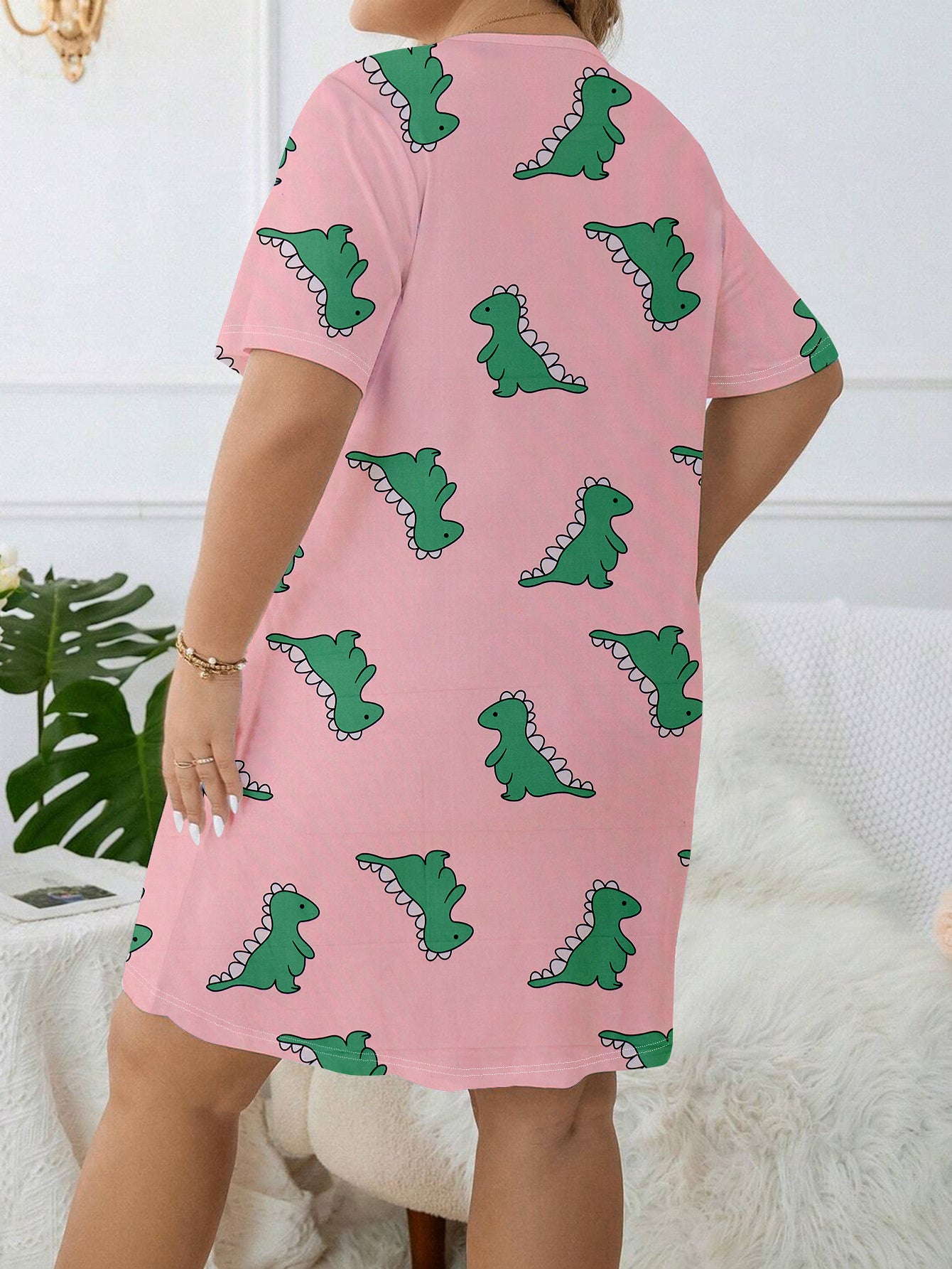 Women's Easter Day Cute Nightdress: Plus Size Cartoon Dinosaur Print Short Sleeve Round Neck Sleep Dress
