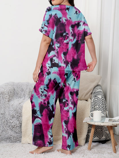 Women's Plus Size Casual Tie Dye Short Sleeve Crew Neck Top & Pants Lounge 2 Piece Pajama Set