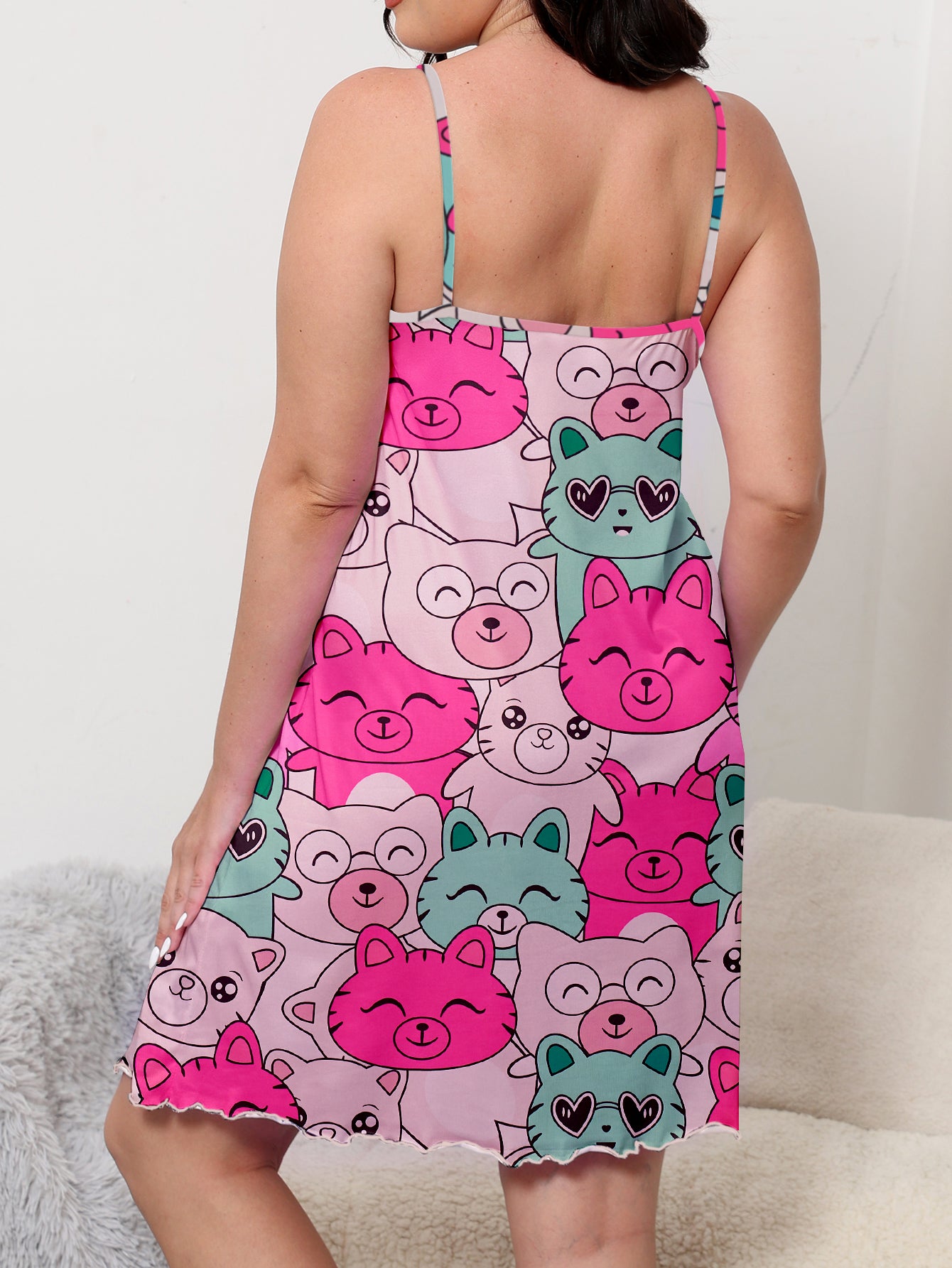 Plus Size Women's Cute Nightdress with Cartoon Cat Print, Round Neck Cami Sleep Dress