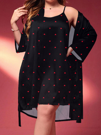 Women's Elegant Lounge Set, featuring a Plus Size Heart Print Round Neck Slip Dress & an Open Front Belted Robe, creating a stylish Sleepwear 2 Piece Ensemble