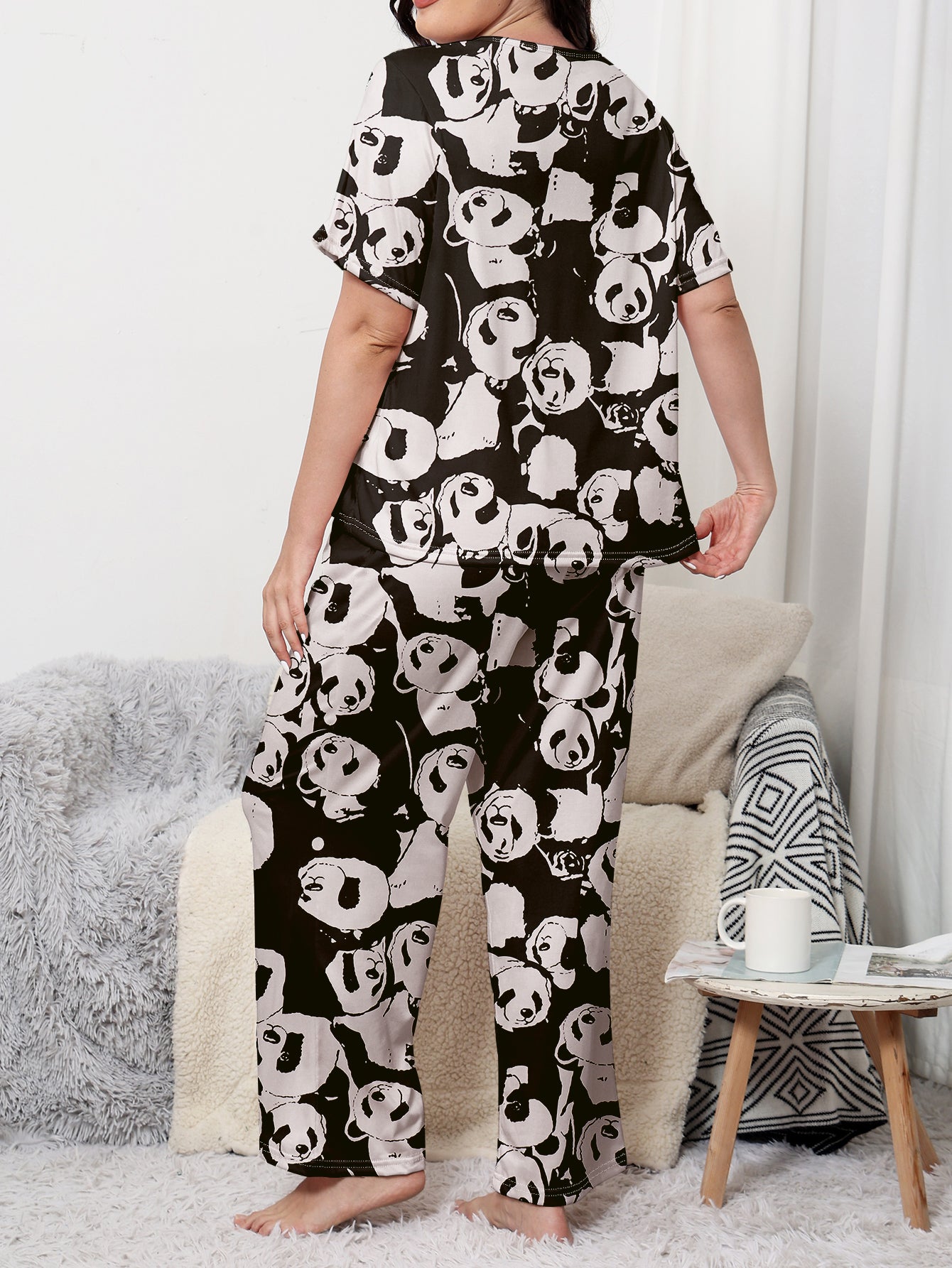 Plus Size Women's Cute Nightdress with Cartoon Panda Print, Short Sleeve Round Neck Sleep Dress