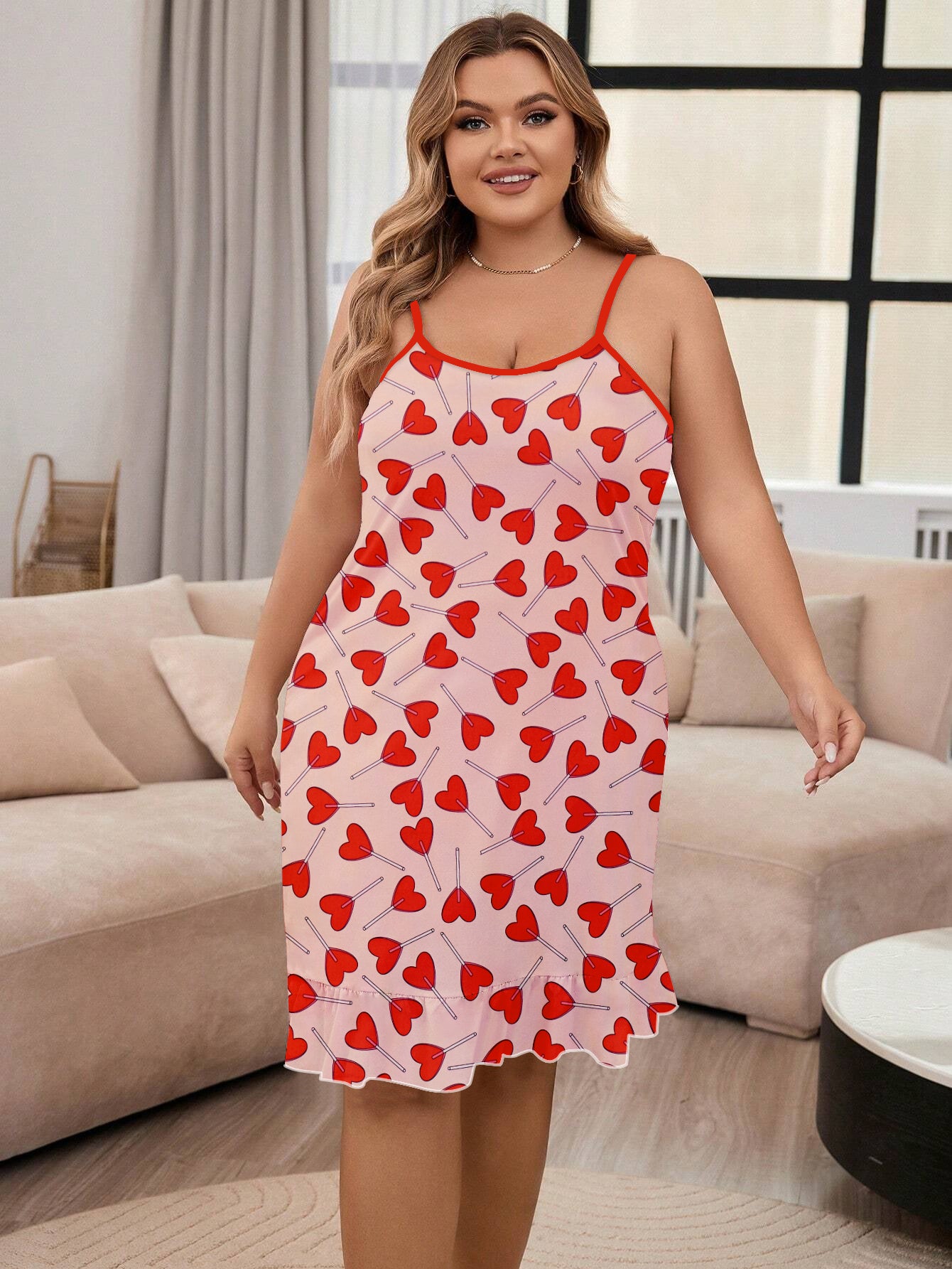 Women's Valentine's Day Adorable Nightdress, Plus Size Heart Lollipop Print Round Neck Cami Sleep Dress