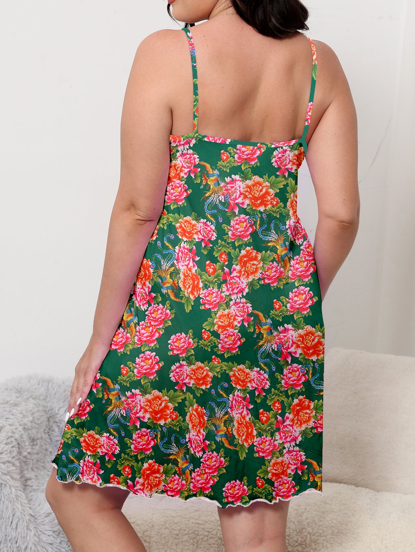 Women's Plus Size Traditional Northeast Flower Print Cami Nightdress with Lettuce Trim, Trendy Sleep Dress