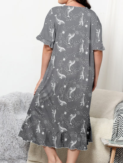 Women's Plus Size Casual Sleep Dress with Cartoon Whale Print and Short Sleeve Ruffle Trim