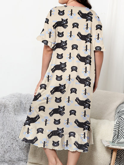 Women's Plus Size Elegant Nightdress with Short Sleeve Ruffle Trim, Featuring Cartoon Cat Print