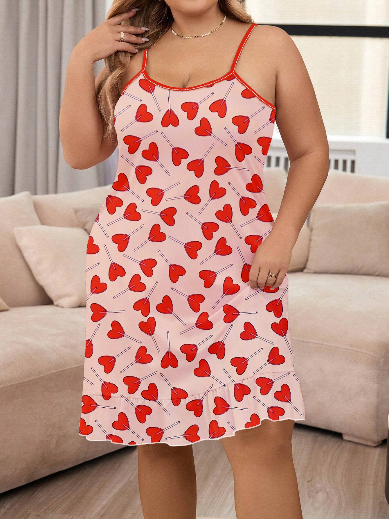 Women's Valentine's Day Adorable Nightdress, Plus Size Heart Lollipop Print Round Neck Cami Sleep Dress