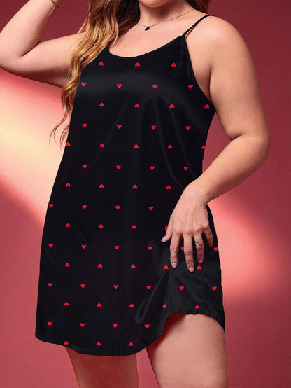 Women's Elegant Lounge Set, featuring a Plus Size Heart Print Round Neck Slip Dress & an Open Front Belted Robe, creating a stylish Sleepwear 2 Piece Ensemble