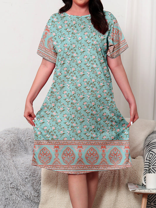 Women's Ethnic Style Nightdress, Plus Size Floral Print Raglan Sleeve Round Neck Sleep Tee