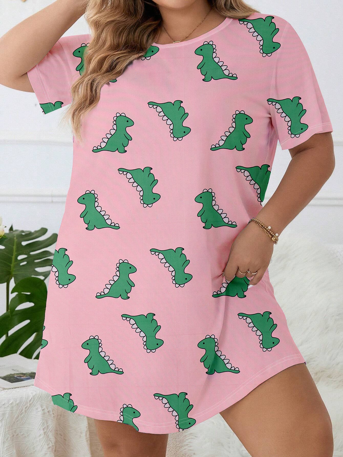 Women's Easter Day Cute Nightdress: Plus Size Cartoon Dinosaur Print Short Sleeve Round Neck Sleep Dress