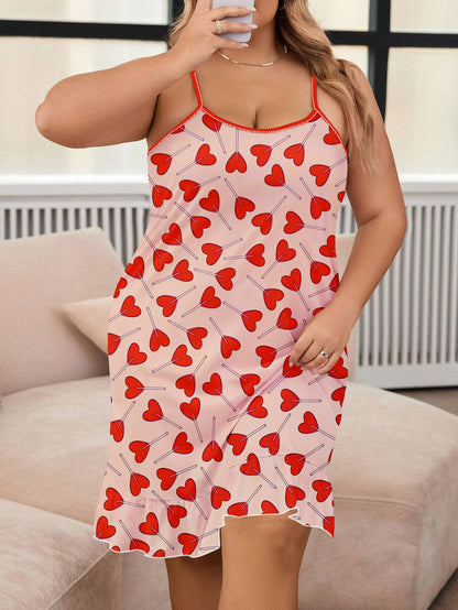 Women's Valentine's Day Adorable Nightdress, Plus Size Heart Lollipop Print Round Neck Cami Sleep Dress