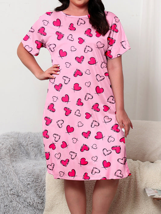 Plus Size Women's Valentine's Day Nightdress with Cute Heart Print, Short Sleeve Round Neck Sleep Dress