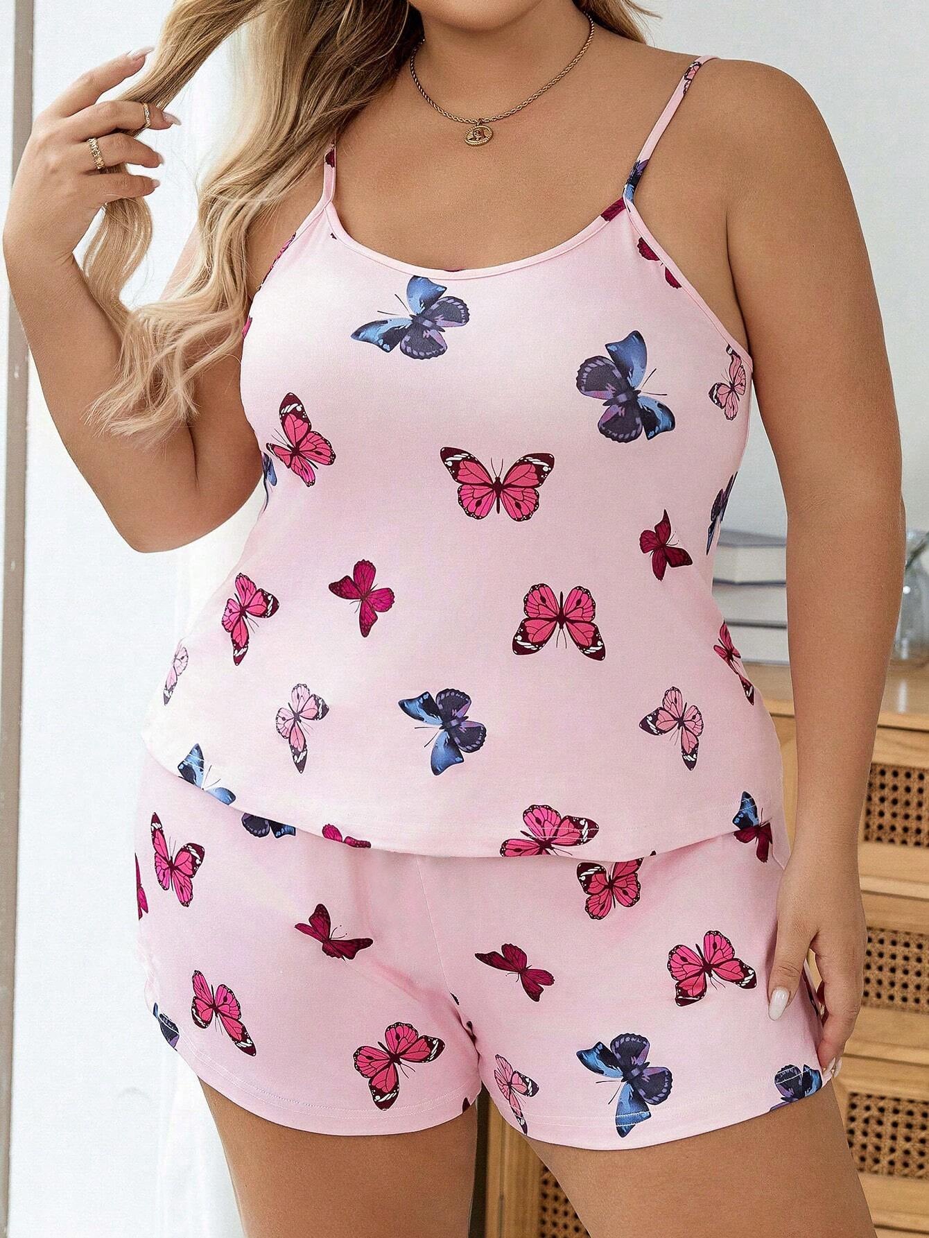 Women's Plus Size Butterfly Print Round Neck Cami Top & Shorts Lounge 2-Piece Pajama Set