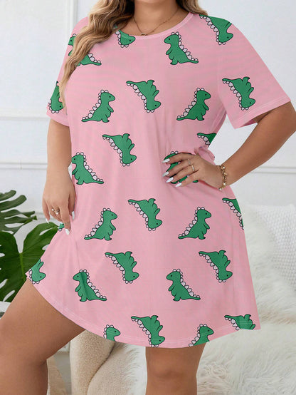 Women's Easter Day Cute Nightdress: Plus Size Cartoon Dinosaur Print Short Sleeve Round Neck Sleep Dress