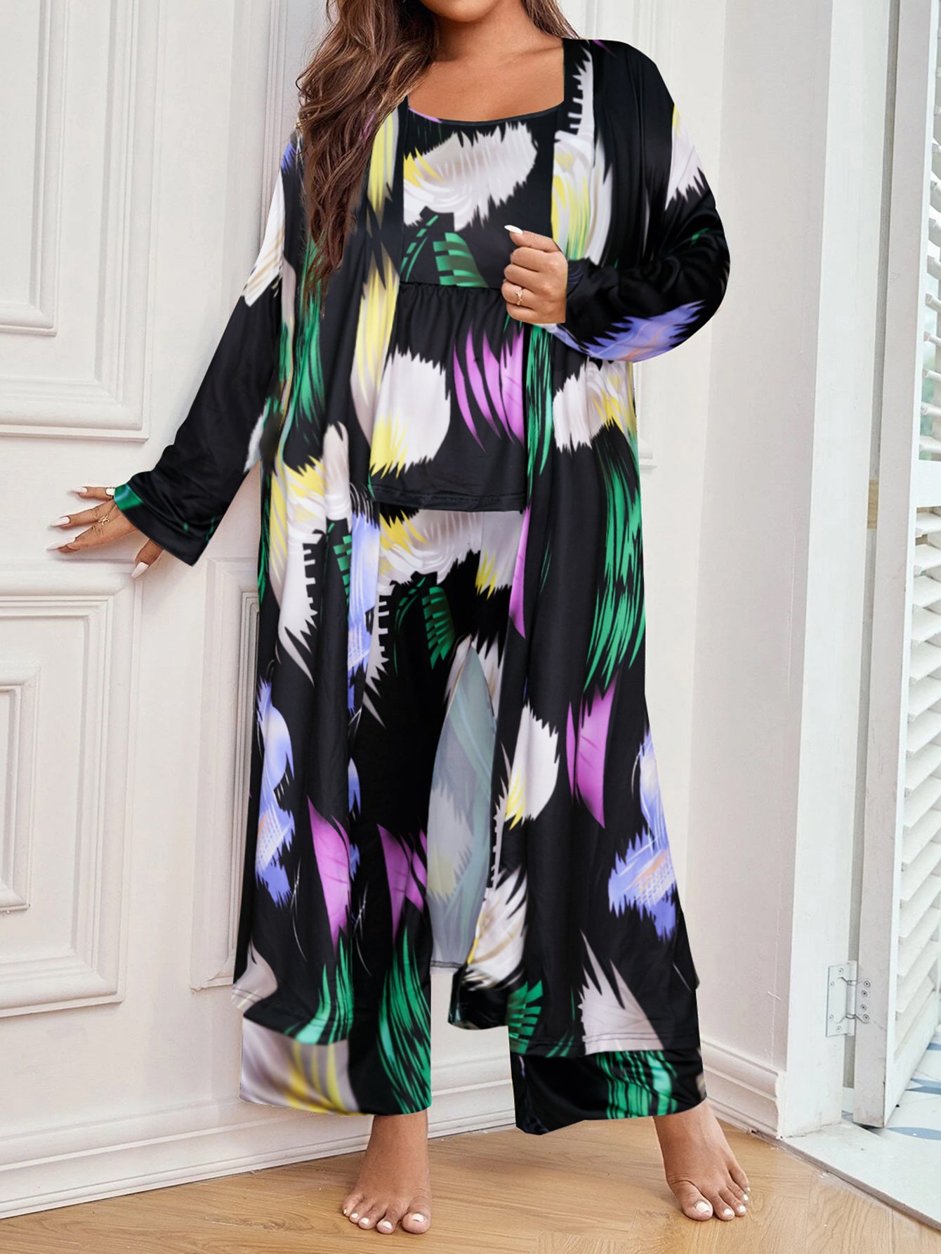 Women's Plus Elegant Lounge Set: Abstract Print Cami Top, Pants & Robe