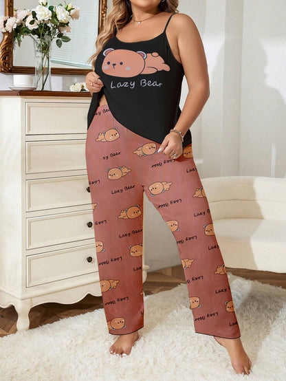 Plus Size Women's Adorable Pajama Set with Cartoon Bear Print, Round Neck Cami Top & Pants Lounge 2 Piece Set