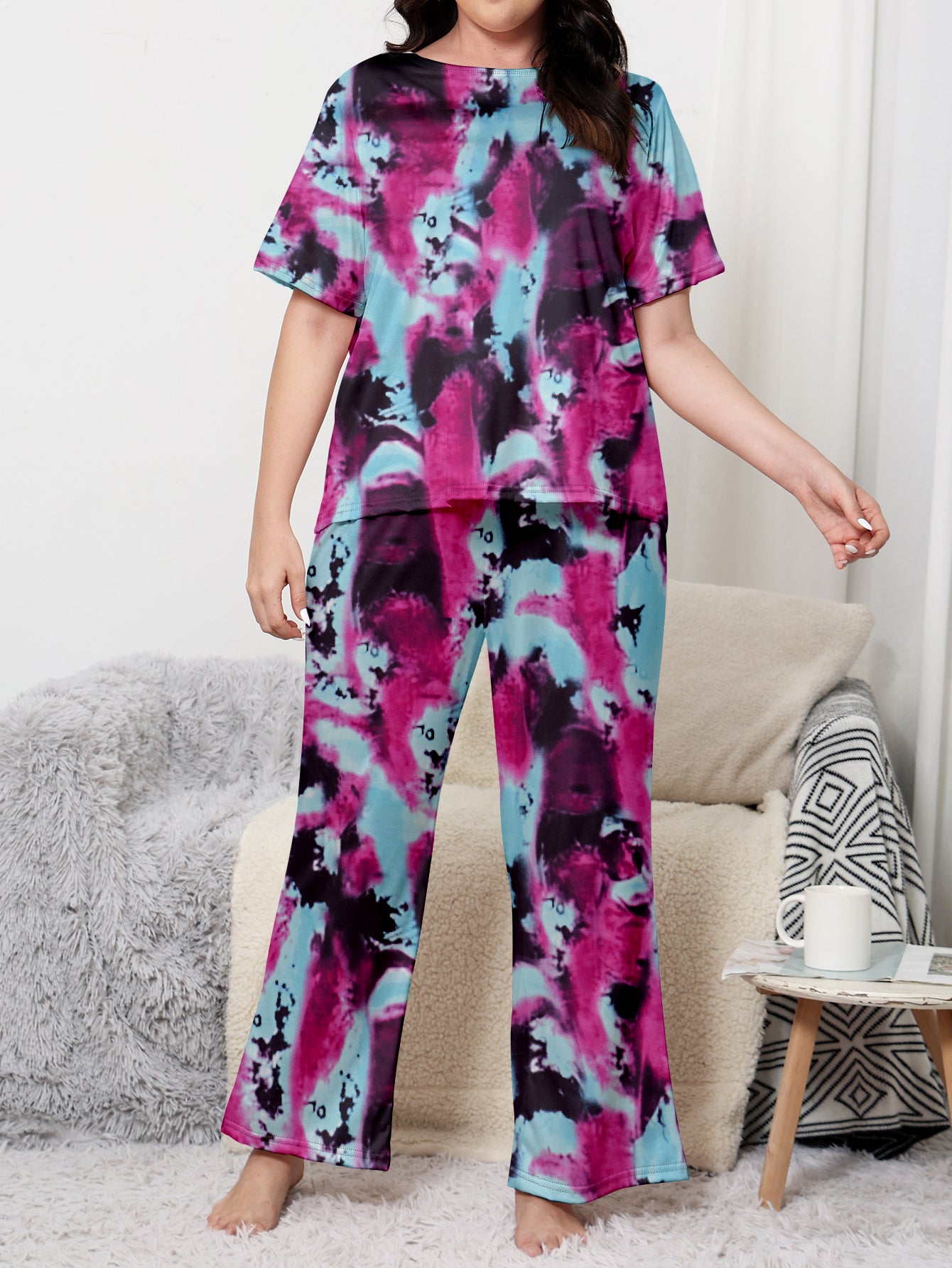 Women's Plus Size Casual Tie Dye Short Sleeve Crew Neck Top & Pants Lounge 2 Piece Pajama Set