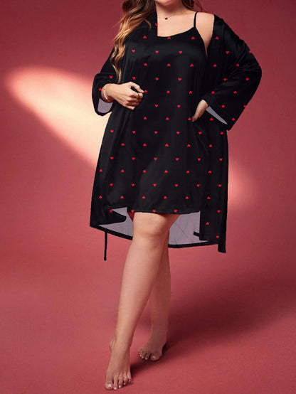 Women's Elegant Lounge Set, featuring a Plus Size Heart Print Round Neck Slip Dress & an Open Front Belted Robe, creating a stylish Sleepwear 2 Piece Ensemble