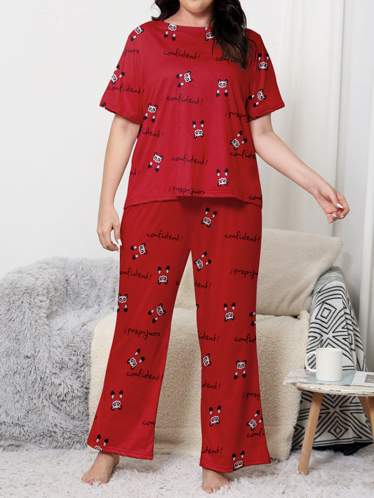 Women's Valentine's Day Pajama Set, Plus Size Adorable Panda Heart & Letter Print Short Sleeve Round Neck Top & Pants Loungewear Two Piece Set
