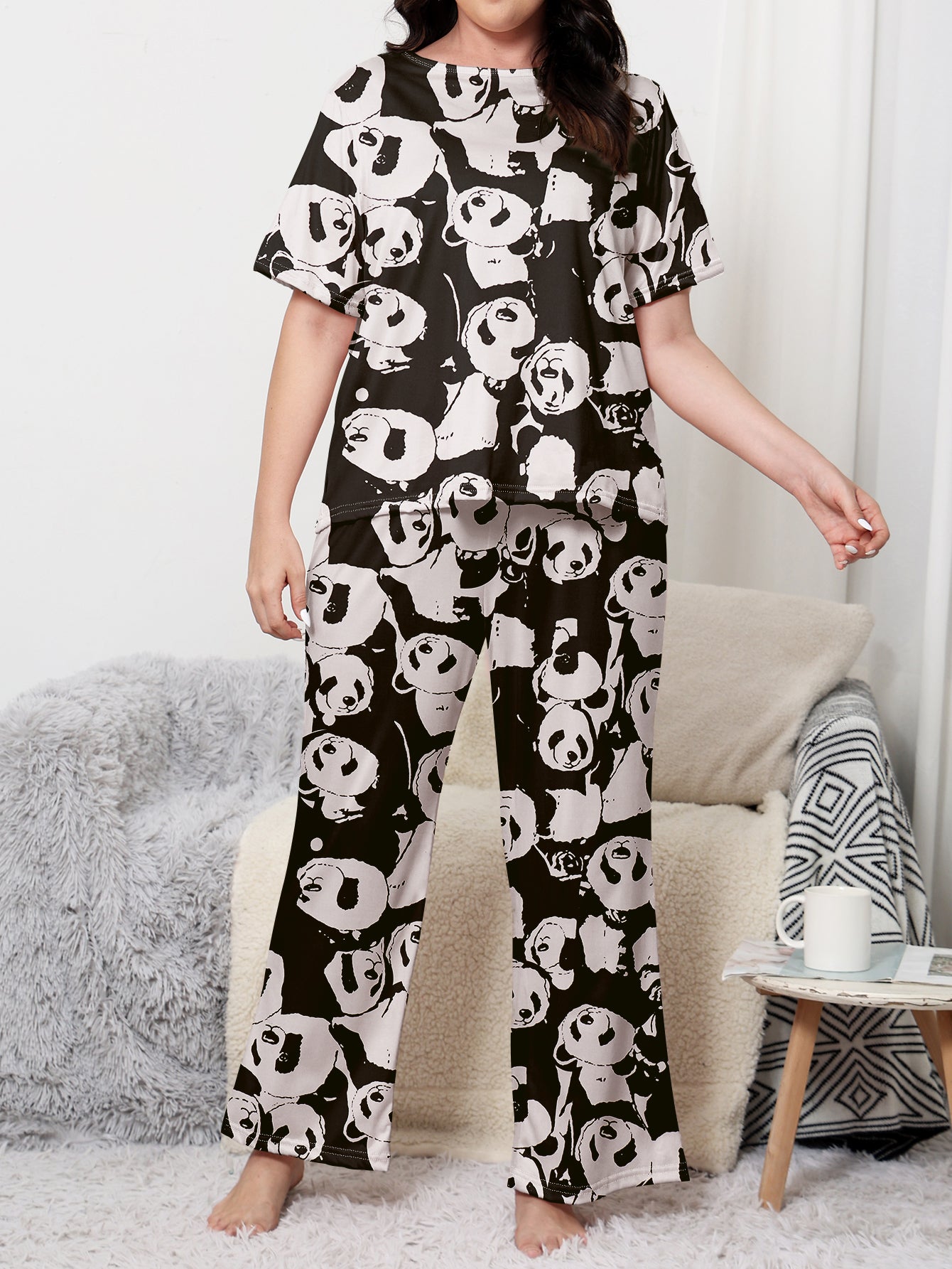 Plus Size Women's Cute Nightdress with Cartoon Panda Print, Short Sleeve Round Neck Sleep Dress