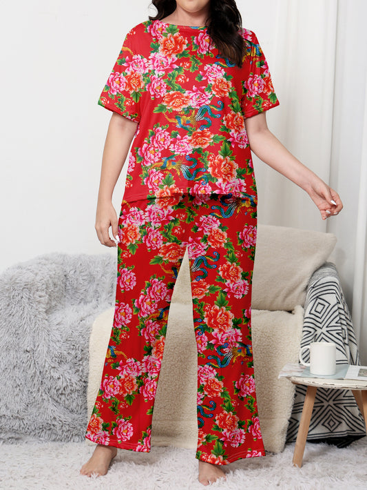Plus Size Chinese Traditional Northeast Flower Print Short Sleeve Top & Pants Pajamas Set for Women