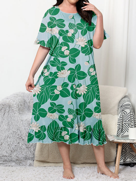 Women's Elegant Chinese-inspired Nightdress, Plus Size, featuring a Floral Print, Short Sleeve, Round Neck, and Ruffle Trim for a Loose Fit Sleep Dress