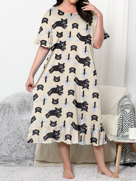 Women's Plus Size Elegant Nightdress with Short Sleeve Ruffle Trim, Featuring Cartoon Cat Print
