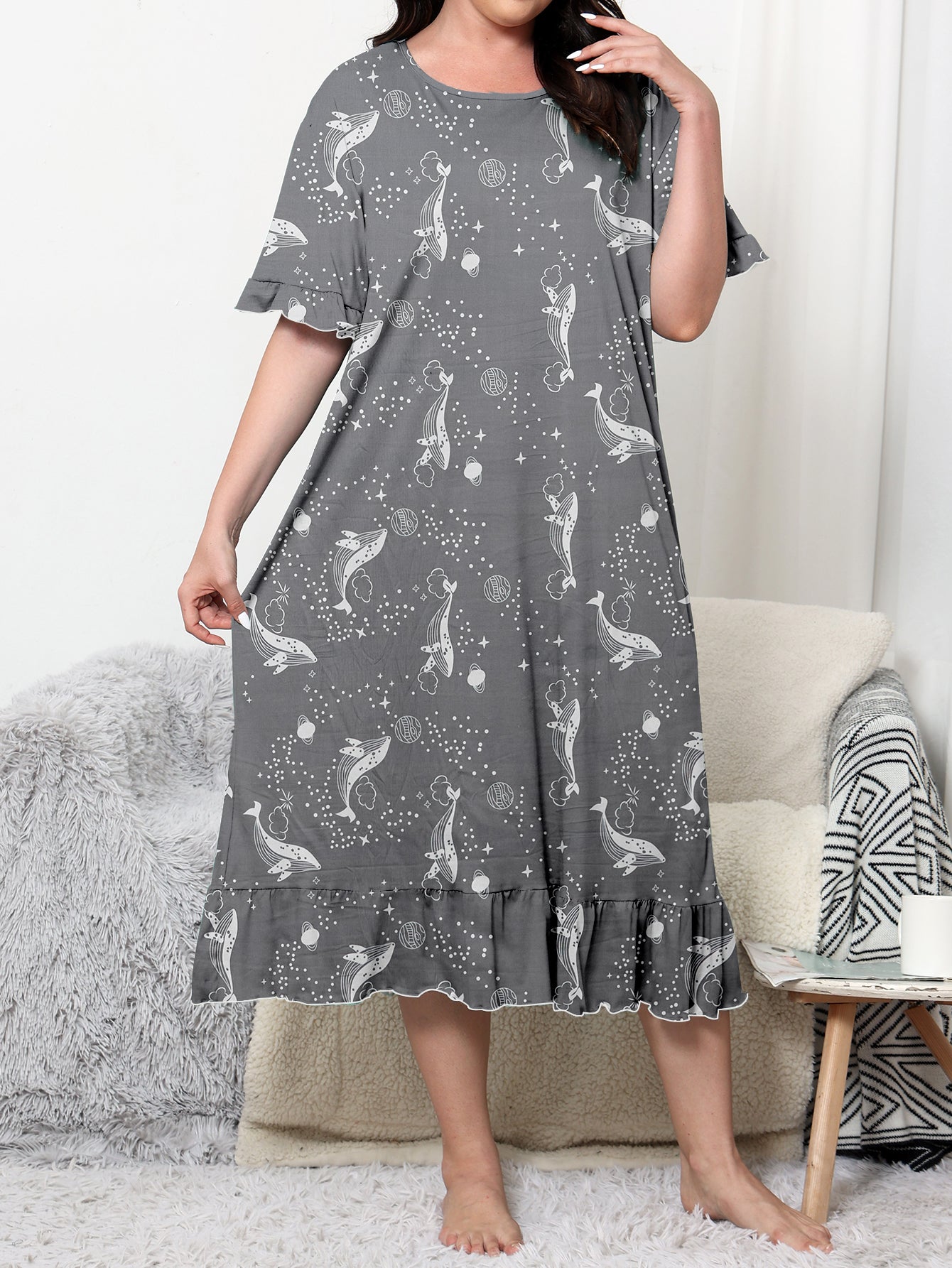 Women's Plus Size Casual Sleep Dress with Cartoon Whale Print and Short Sleeve Ruffle Trim