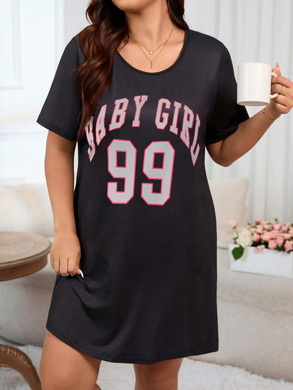Women's Plus Size Casual Nightdress: Short Sleeve Round Neck Tee Sleep Dress with Letter & Number Print
