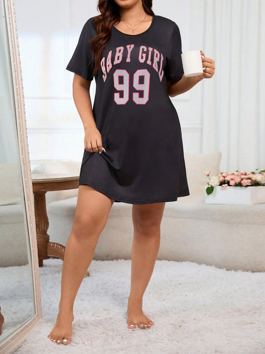 Women's Plus Size Casual Nightdress: Short Sleeve Round Neck Tee Sleep Dress with Letter & Number Print