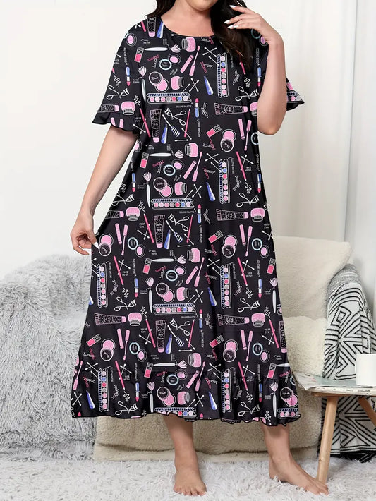 Women's Casual Nightdress, Plus Size Cosmetic Print Short Sleeve Round Neck Sleep Dress
