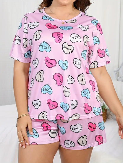 Valentine's Day Plus Size Pajama Set: Heart Print Short Sleeve Top & Shorts Lounge Ensemble