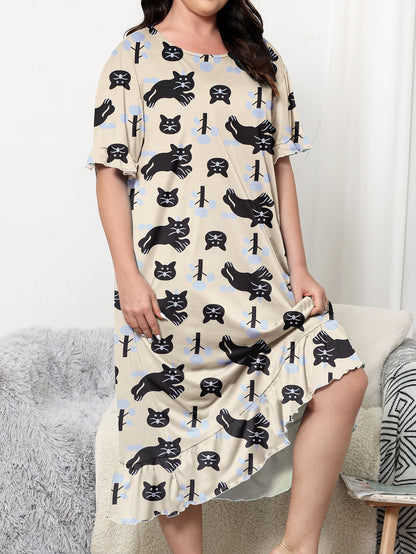 Women's Plus Size Elegant Nightdress with Short Sleeve Ruffle Trim, Featuring Cartoon Cat Print