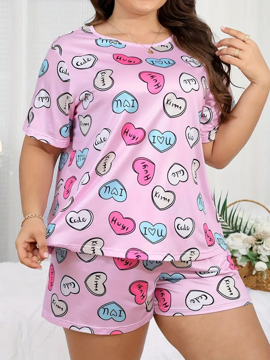 Valentine's Day Plus Size Pajama Set: Heart Print Short Sleeve Top & Shorts Lounge Ensemble