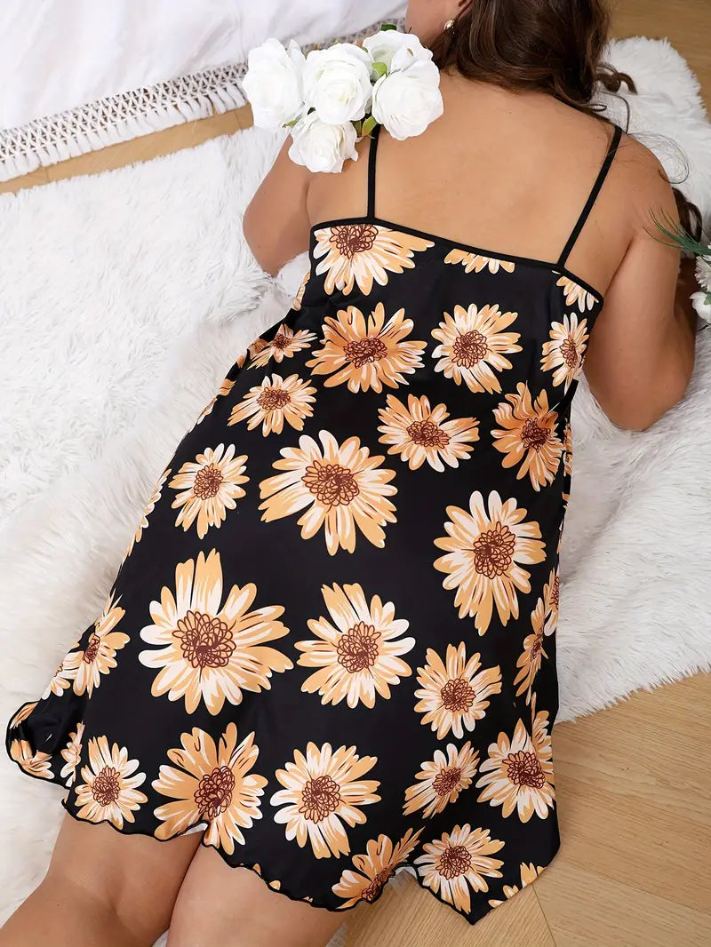 Plus Size Women's Cute Nightdress with Allover Daisy Print, Round Neck Cami Sleep Dress
