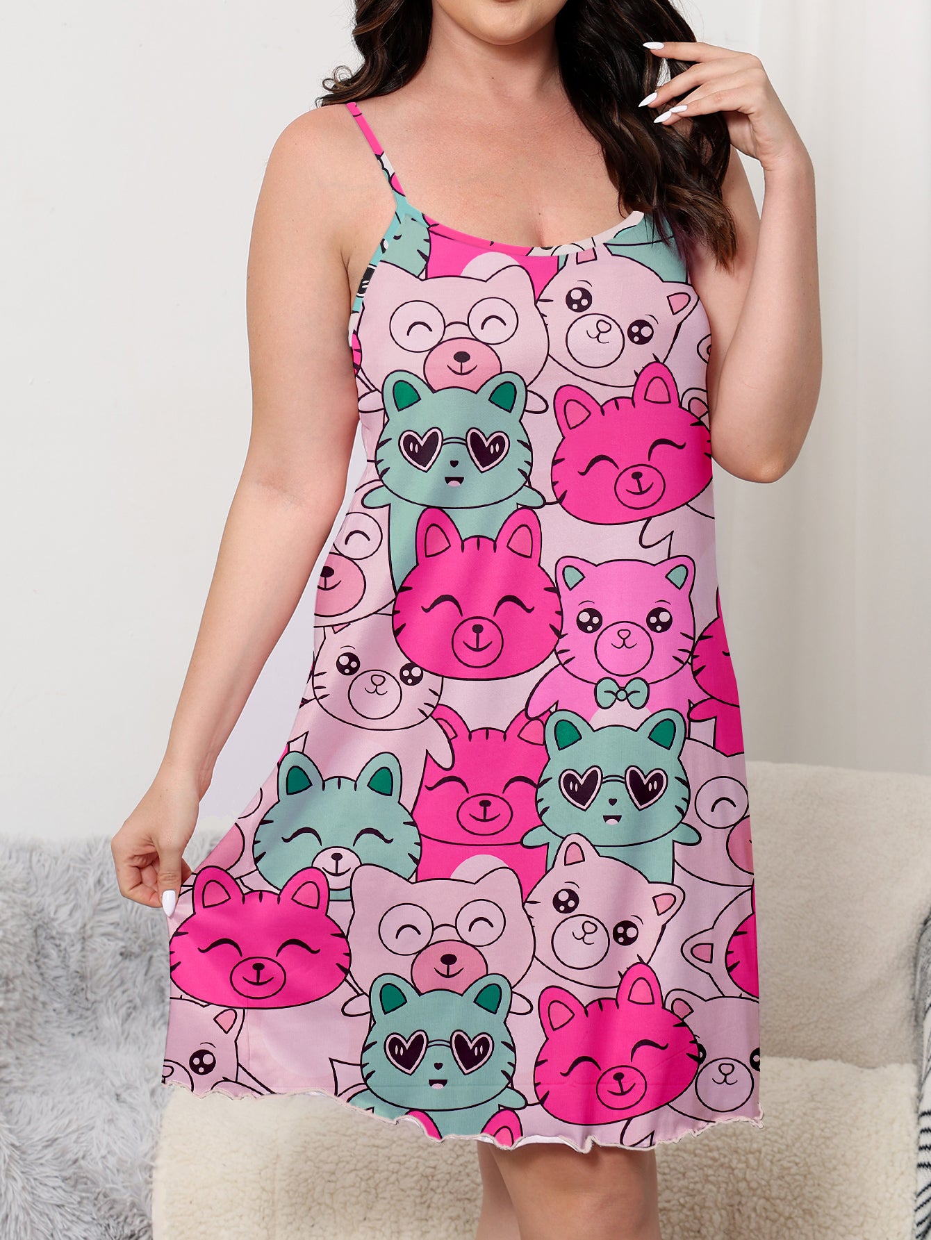 Plus Size Women's Cute Nightdress with Cartoon Cat Print, Round Neck Cami Sleep Dress