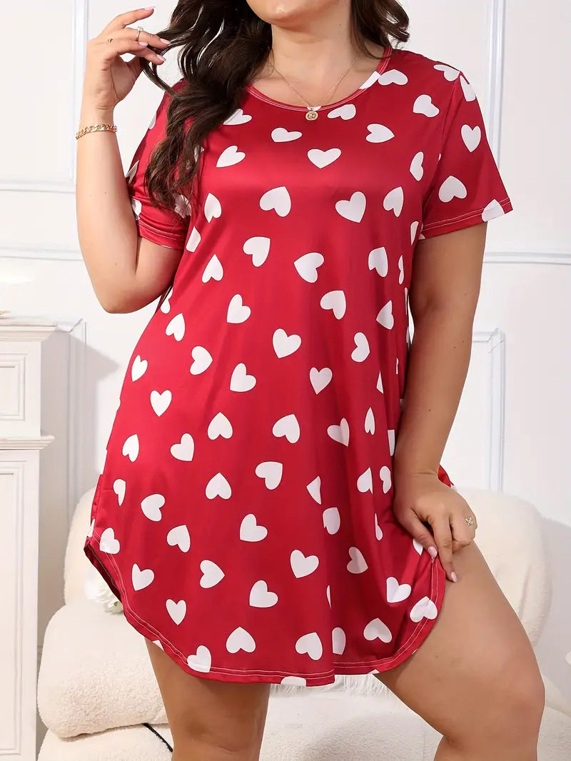 Plus Size Women's Valentine's Day Cute Nightdress with Heart Print, Short Sleeve, and Round Neck Sleep Dress