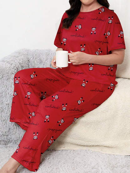 Women's Valentine's Day Pajama Set, Plus Size Adorable Panda Heart & Letter Print Short Sleeve Round Neck Top & Pants Loungewear Two Piece Set