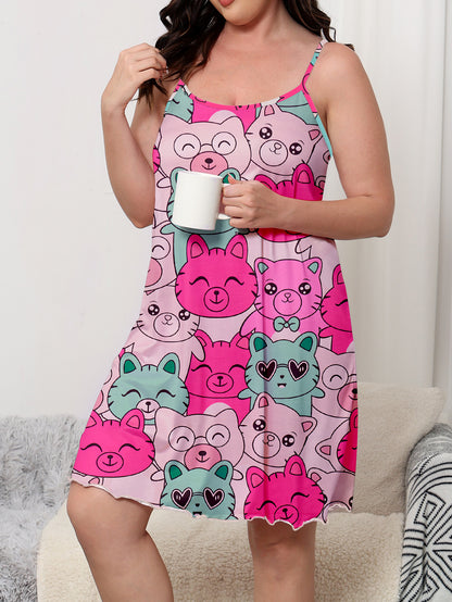 Plus Size Women's Cute Nightdress with Cartoon Cat Print, Round Neck Cami Sleep Dress
