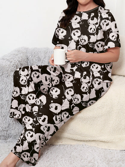 Plus Size Women's Cute Nightdress with Cartoon Panda Print, Short Sleeve Round Neck Sleep Dress