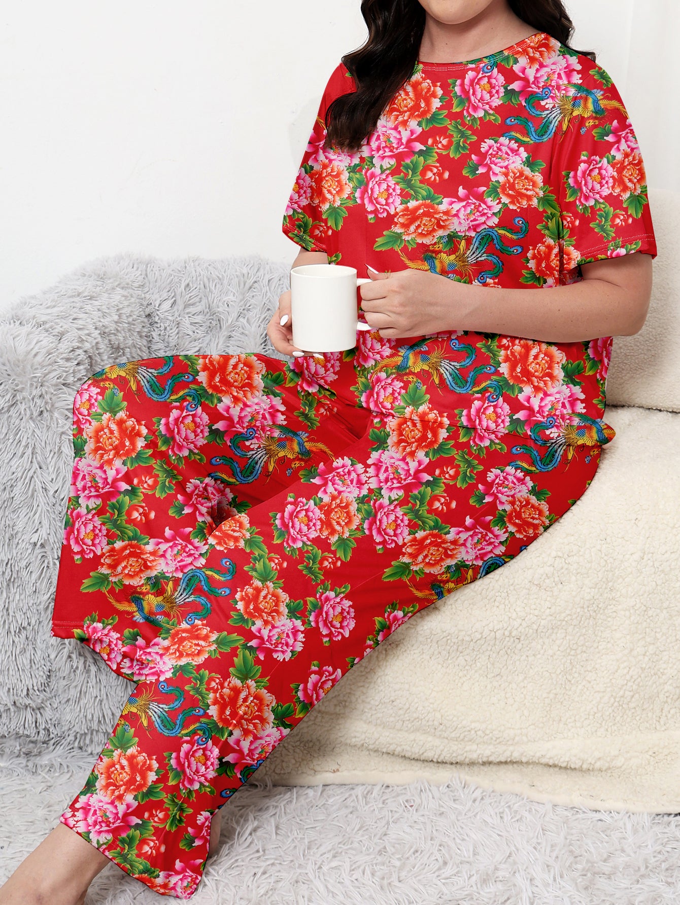Plus Size Chinese Traditional Northeast Flower Print Short Sleeve Top & Pants Pajamas Set for Women