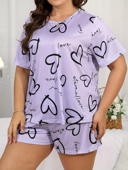 Plus Size Women's Valentine's Day Casual Pajama Set with Heart & Letter Print, Short Sleeve Round Neck Top & Shorts Sleepwear Two-Piece Set