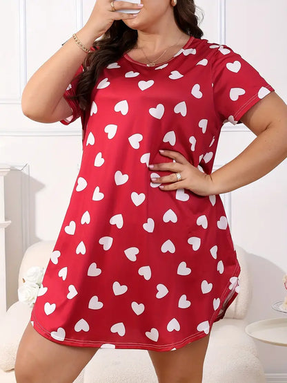 Plus Size Women's Valentine's Day Cute Nightdress with Heart Print, Short Sleeve, and Round Neck Sleep Dress