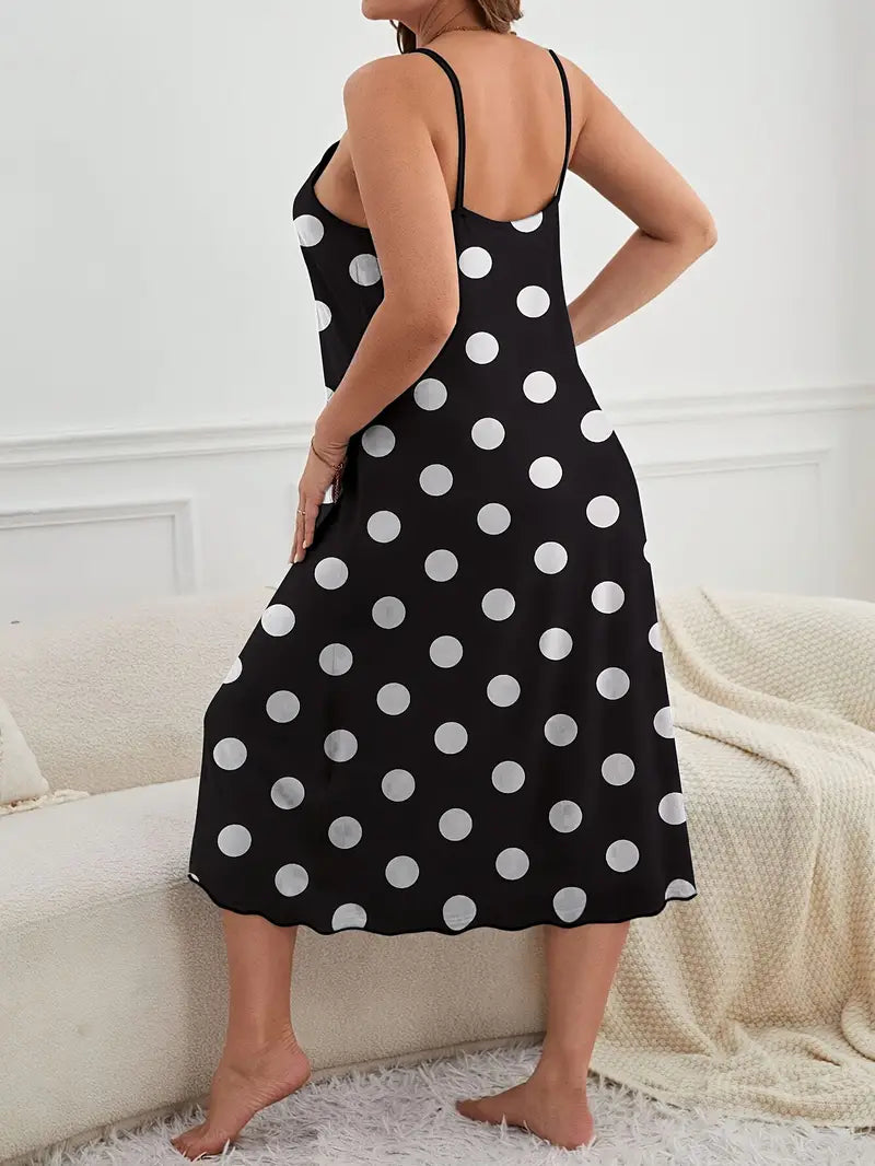 Women's Plus Size Elegant Nightdress with Round Neck Polka Dot Print, Lettuce Trim, and Loose Fit Cami Sleep Dress