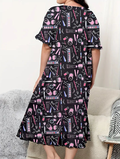 Women's Casual Nightdress, Plus Size Cosmetic Print Short Sleeve Round Neck Sleep Dress