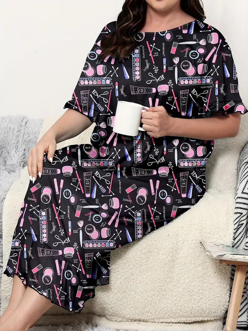 Women's Casual Nightdress, Plus Size Cosmetic Print Short Sleeve Round Neck Sleep Dress