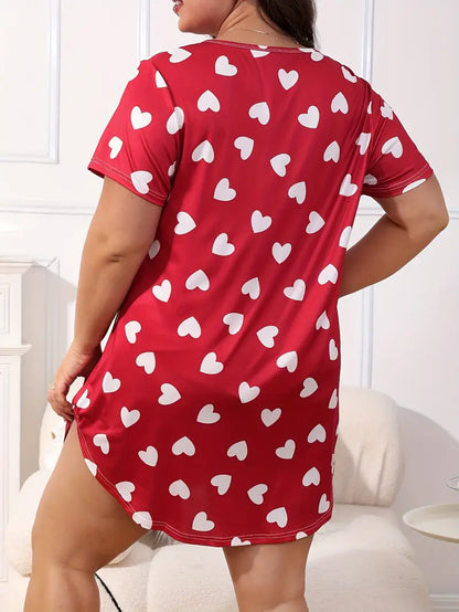 Plus Size Women's Valentine's Day Cute Nightdress with Heart Print, Short Sleeve, and Round Neck Sleep Dress