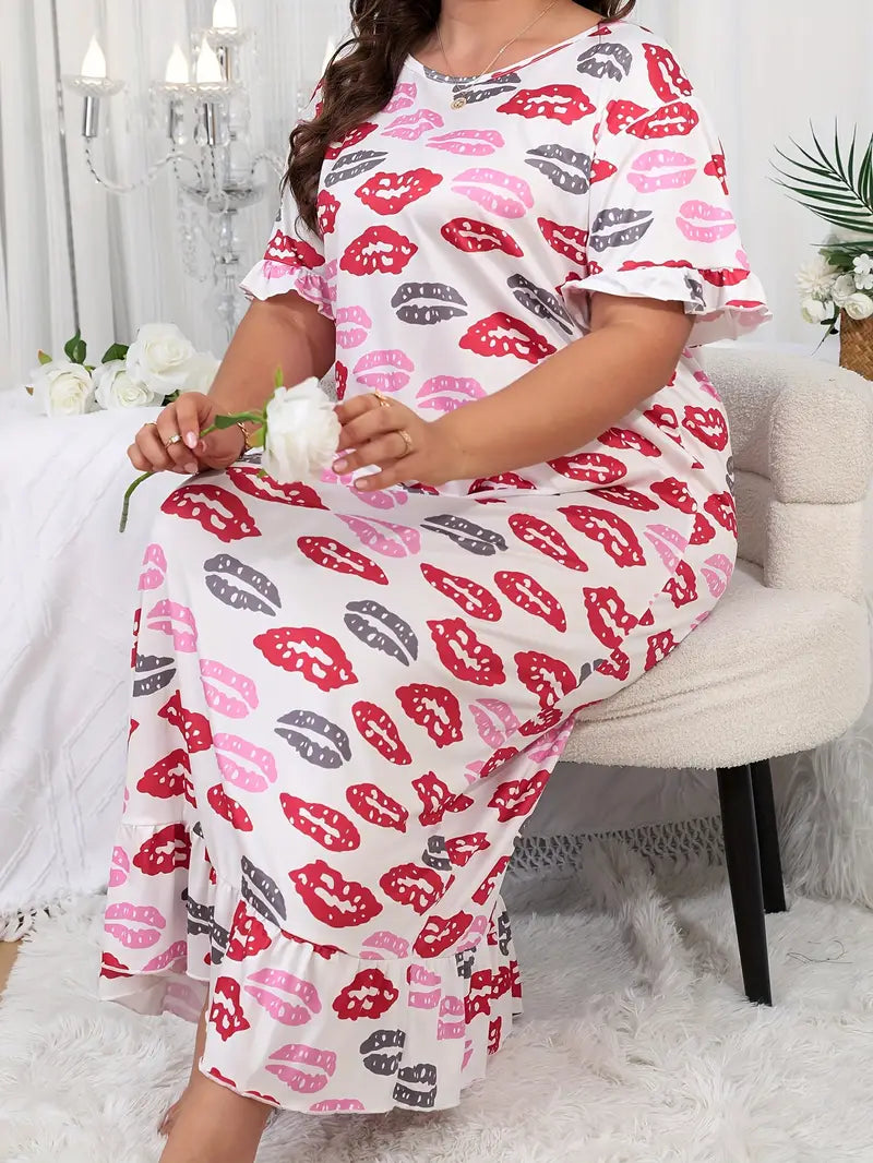 Plus Size Women's Valentine's Day Casual Sleep Dress with Kiss Print, Short Sleeve and Ruffle Trim