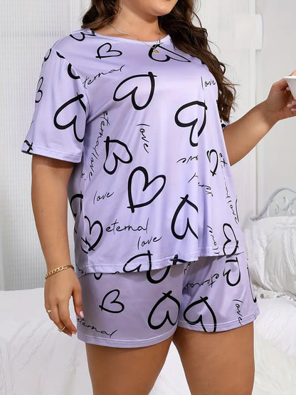 Plus Size Women's Valentine's Day Casual Pajama Set with Heart & Letter Print, Short Sleeve Round Neck Top & Shorts Sleepwear Two-Piece Set